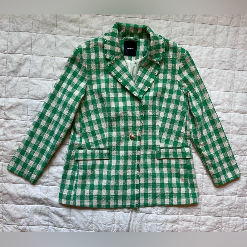 VERO MODA Preppy Bree Kae Gingham Check Tweed & Fringe Blazer In Bright Green -8